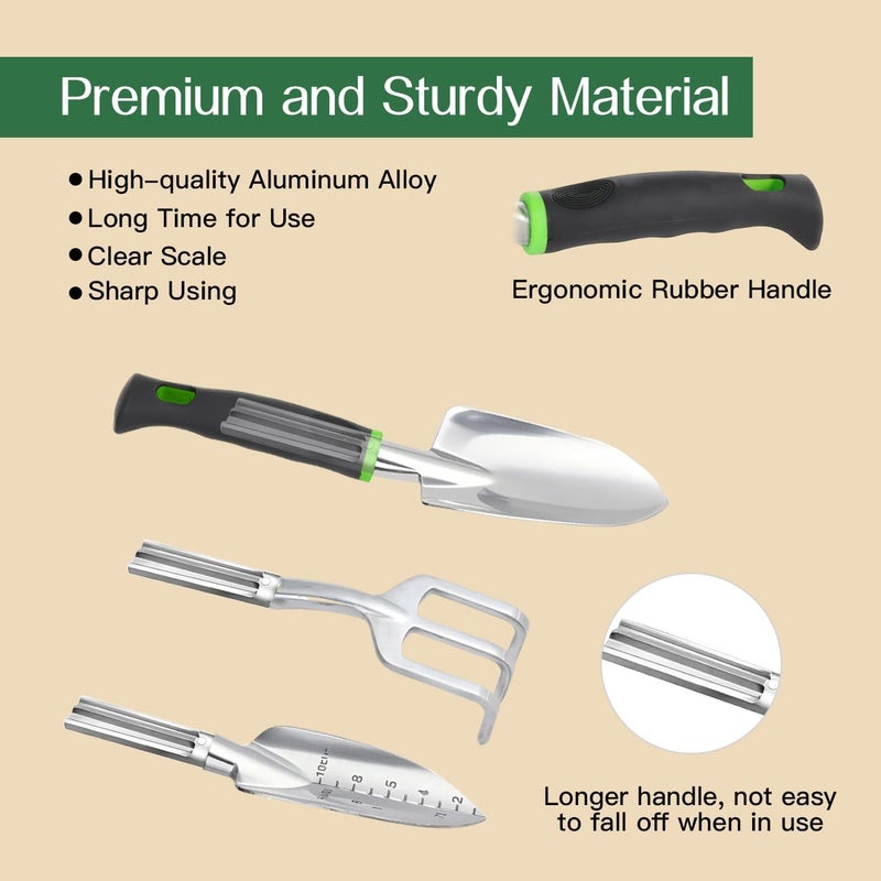 Housolution Gardening Tools Set, 8PCS Heavy Duty Garden Tools with Non-Slip Rubber Grip with Large Garden Bag for Tools Aluminum Alloy Hand Tools for Gardening,Gardening Gifts for Women and Men, Green - Image 3